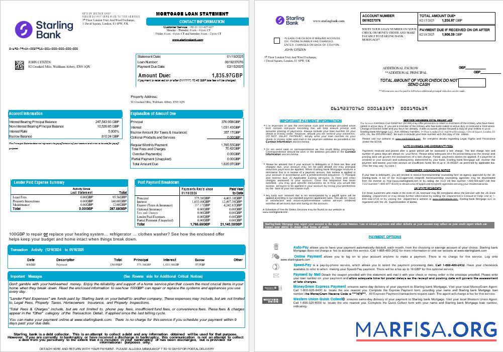 Downloadable United Kingdom Starling bank mortgage loan statement in Word and PDF formats , 8 pages 1 2 example